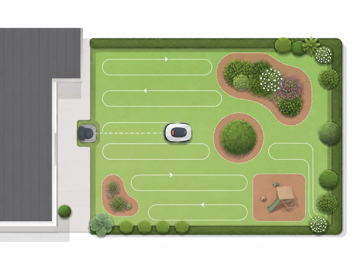 Schéma propriétaire LeBonRobot d’un jardin avec zones exclues et obstacles à contourner