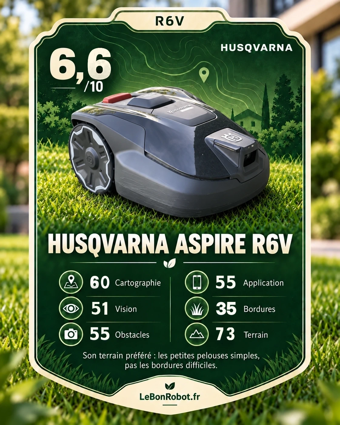 Carte visuelle du Husqvarna Aspire R6V, note globale 6,6 sur 10 ; indices de profil sur 100 : cartographie 60, vision 51, obstacles 55, application 55, bordures 35 et terrain 73.