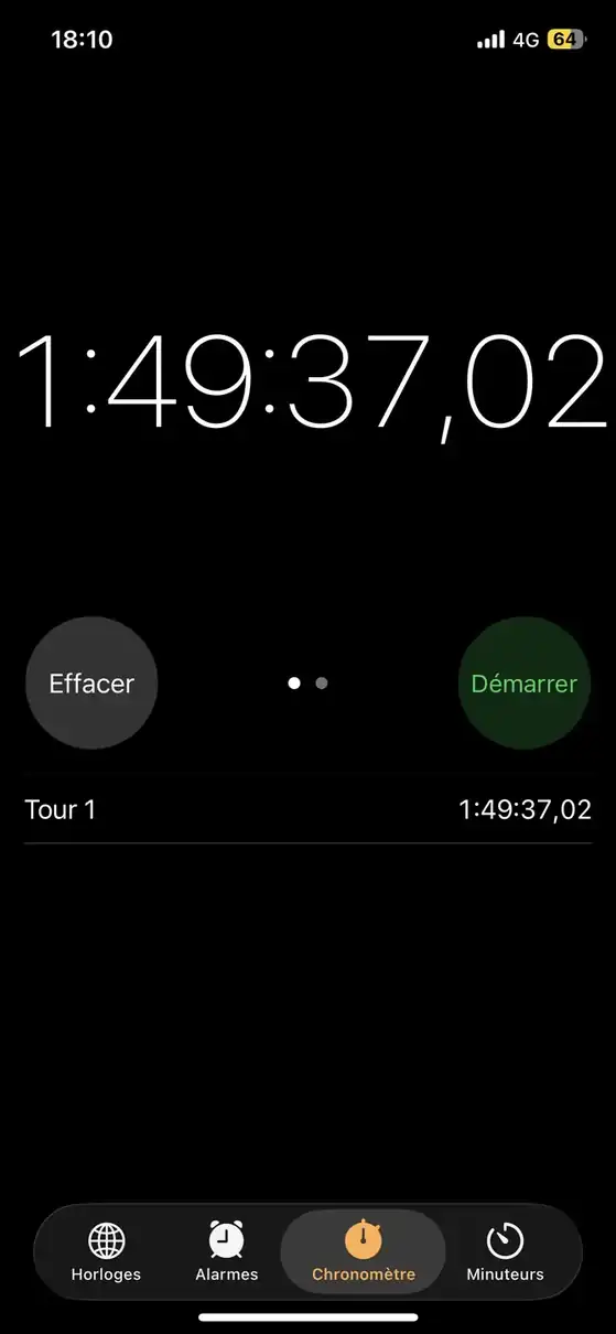 Chronomètre du deuxième essai affichant 1 heure 49 minutes 37 secondes