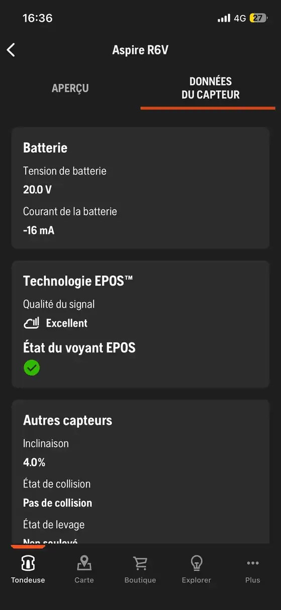 Écran Données du capteur du R6V avec batterie, état EPOS et inclinaison instantanée