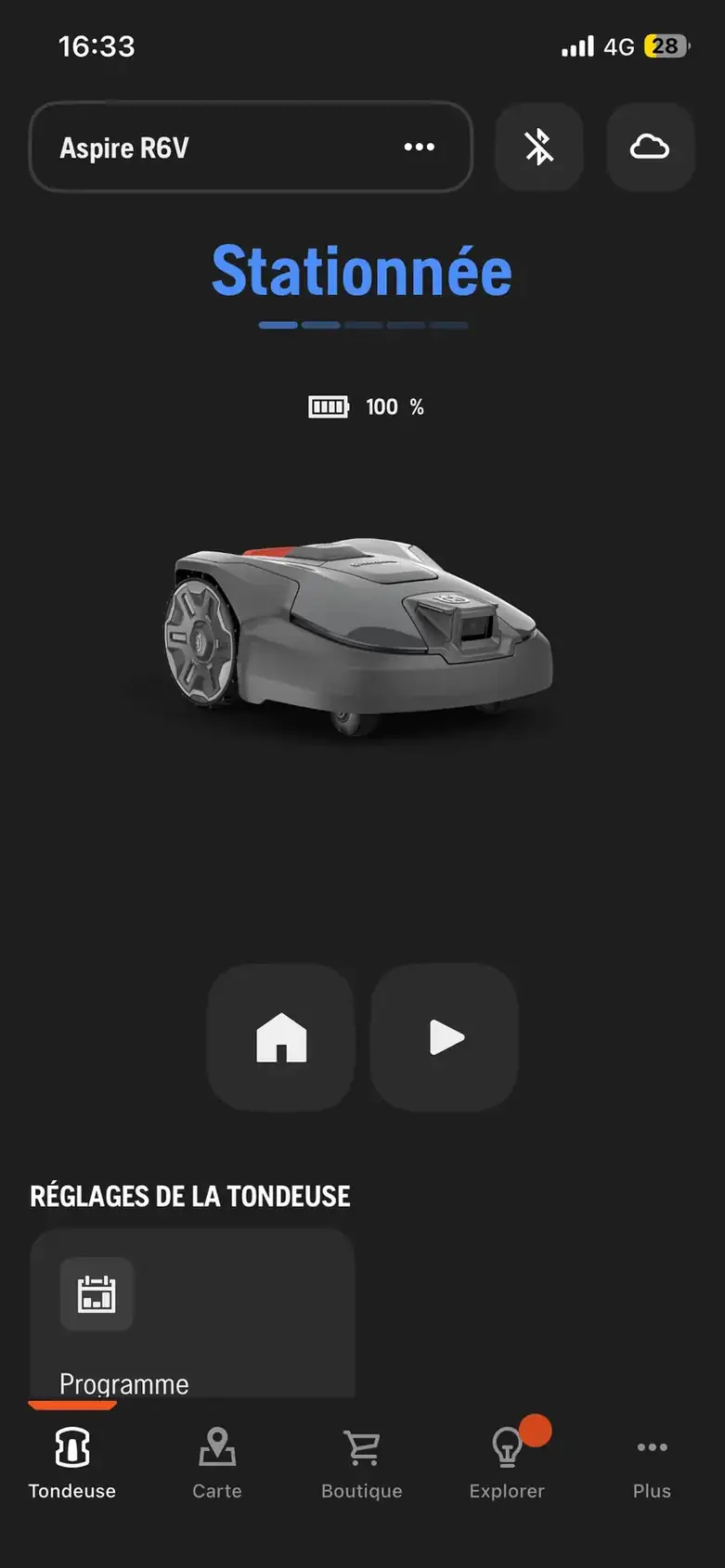 Écran principal Automower Connect du R6V affiché stationné à 100 %