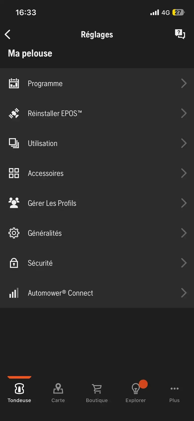Menu Réglages Automower Connect du Husqvarna R6V