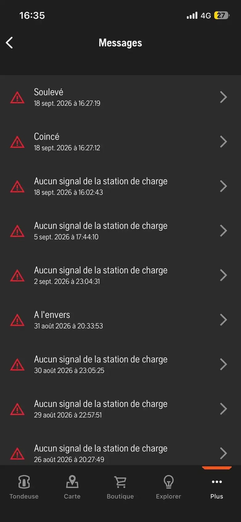 Historique des messages du Husqvarna R6V dans Automower Connect