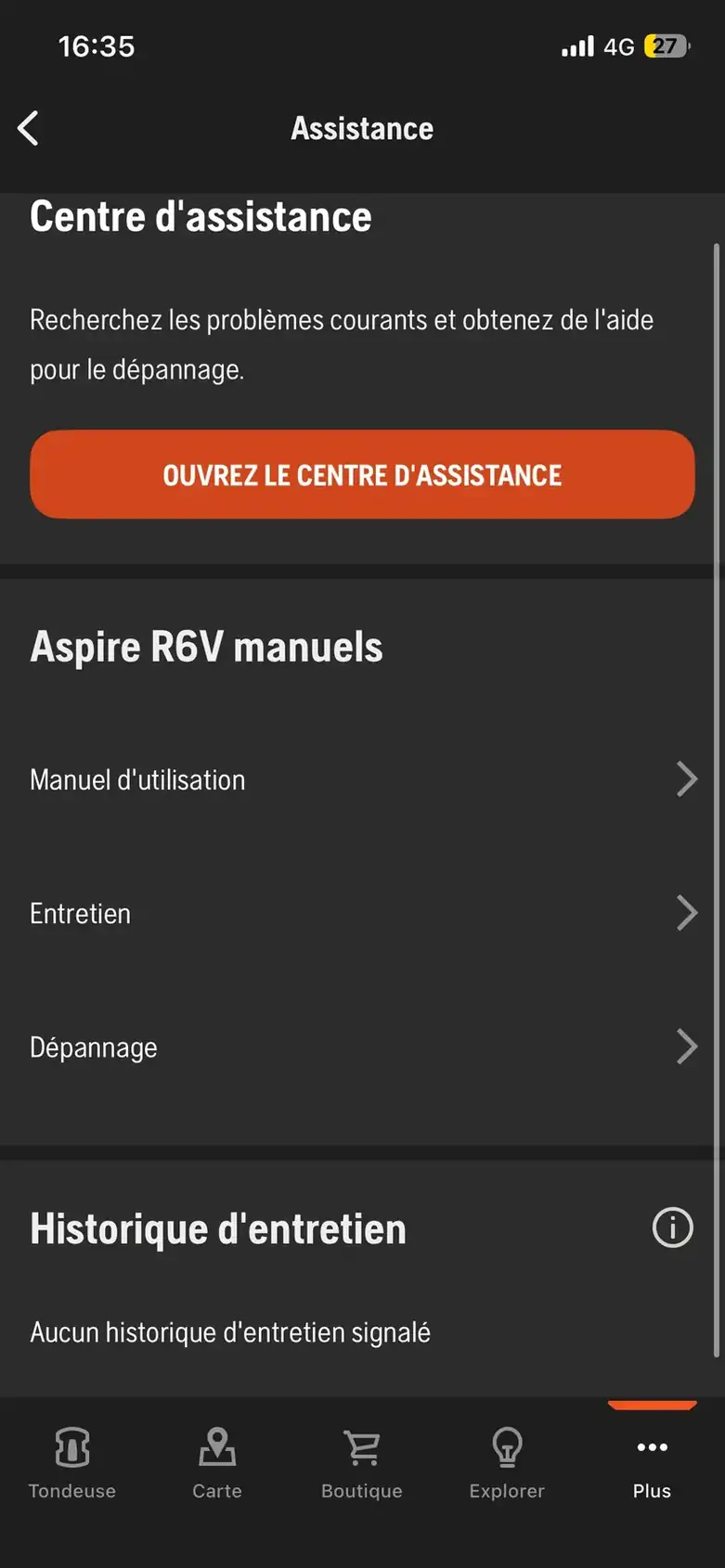 Écran Assistance du Husqvarna R6V dans Automower Connect