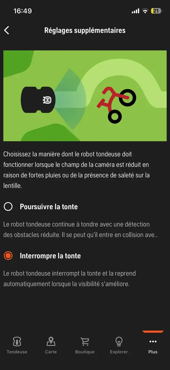 Réglage du comportement du Husqvarna R6V lorsque la caméra est moins visible