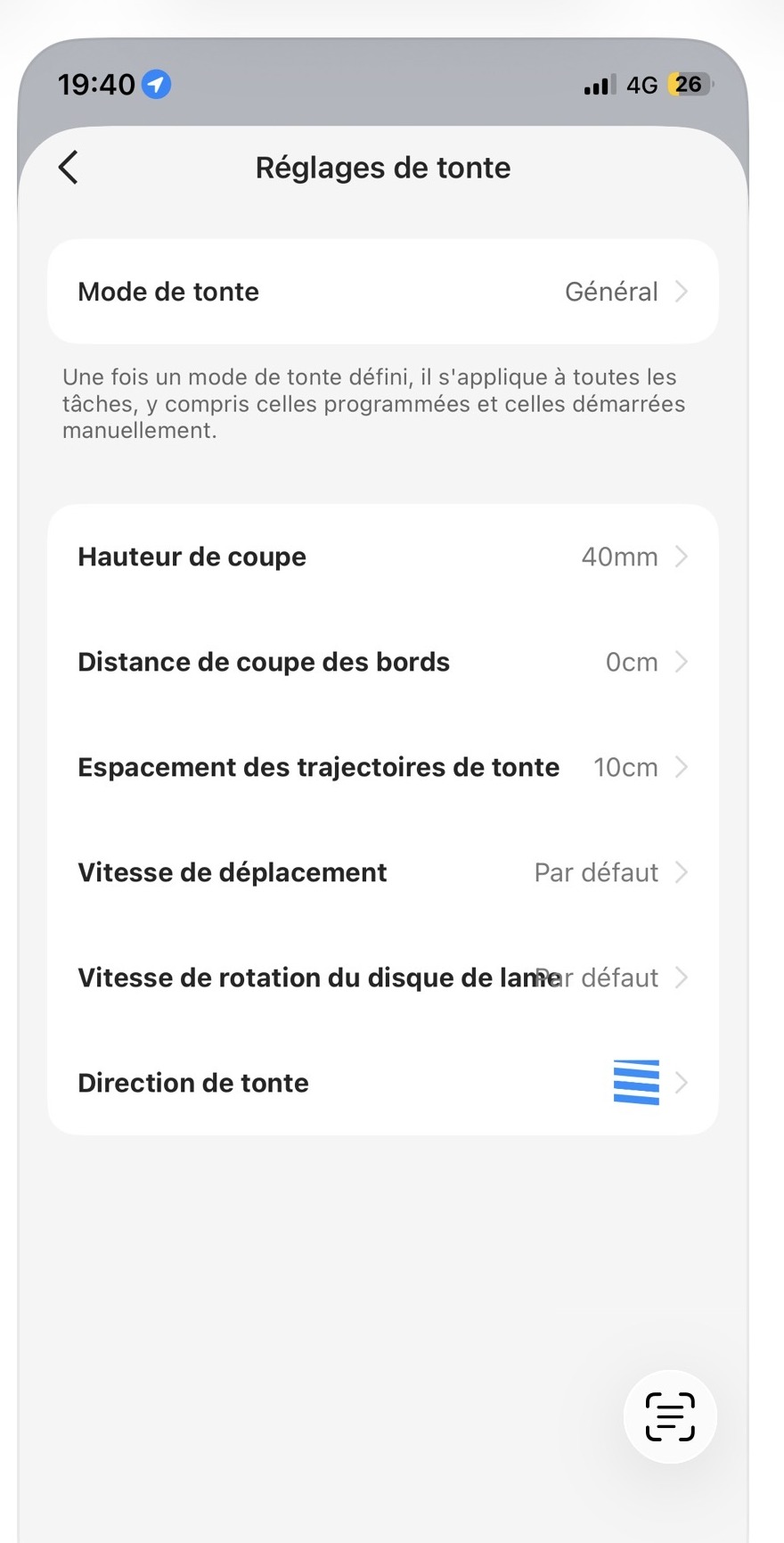 Réglages de tonte TerraMow : mode Général, hauteur 40 mm, bordures 0 cm et espacement 10 cm