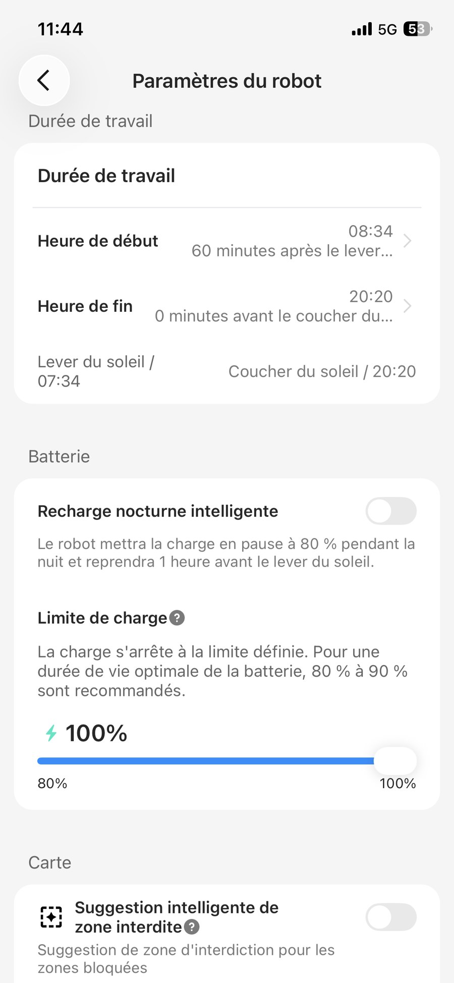 Paramètres TerraMow de durée de travail et de limite de charge