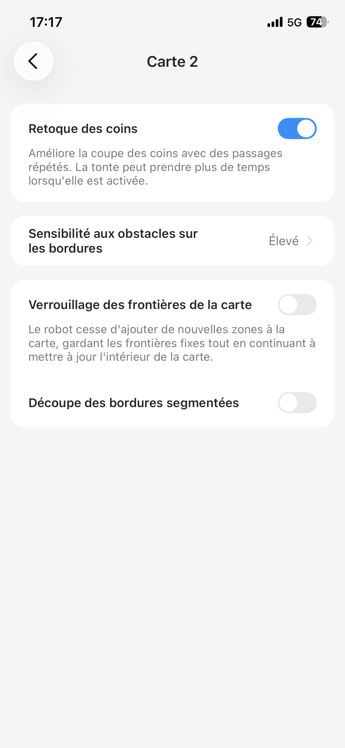 Paramètres avancés des bordures du TerraMow V1000