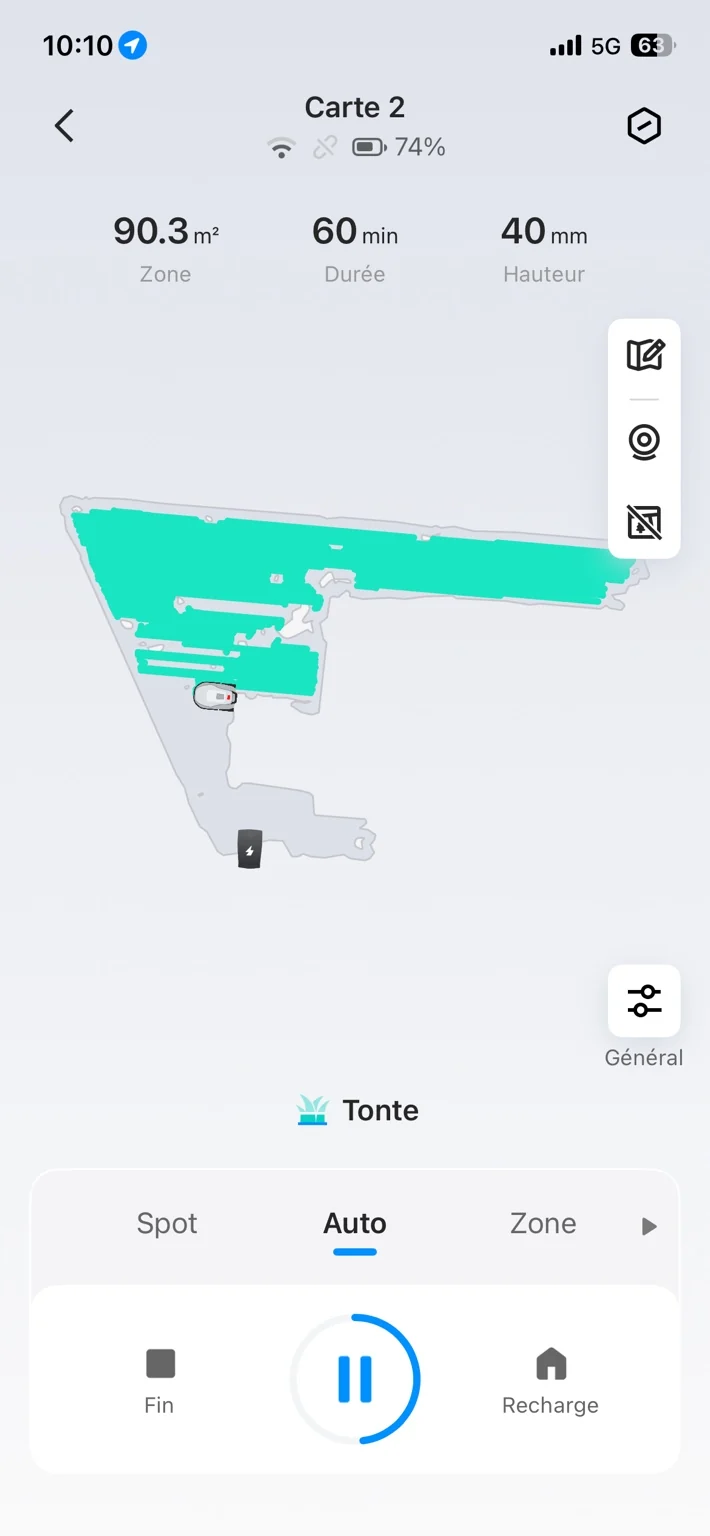 Capture de l’application TerraMow montrant 90,3 m² tondus en 60 minutes à 40 mm avec 74 % de batterie restante