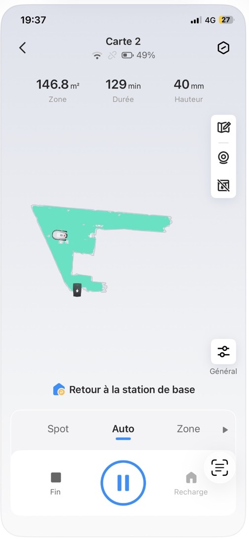 Capture de l’application TerraMow montrant une zone de 146,8 m² et une session de 129 minutes à 40 mm