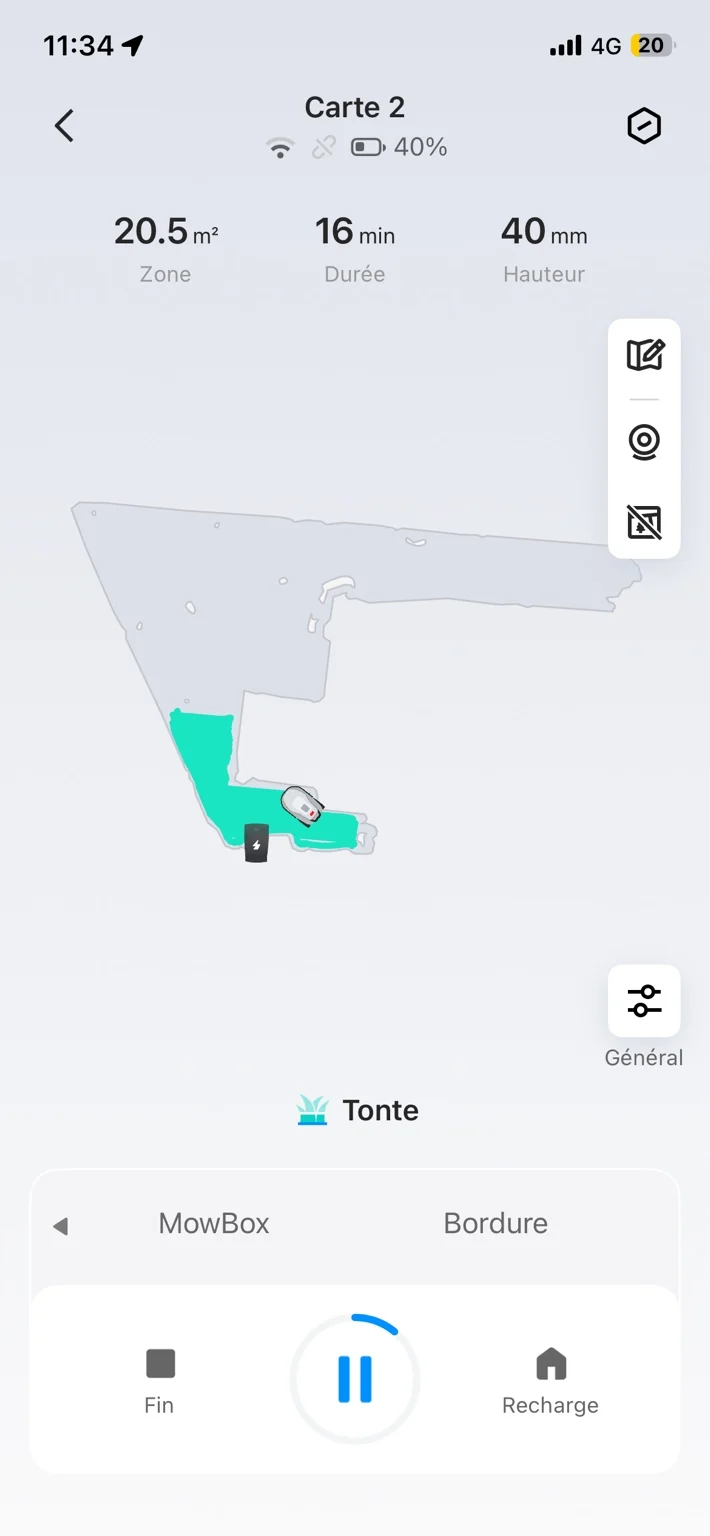 Écran principal TerraMow V1000 montrant les modes MowBox et Bordure