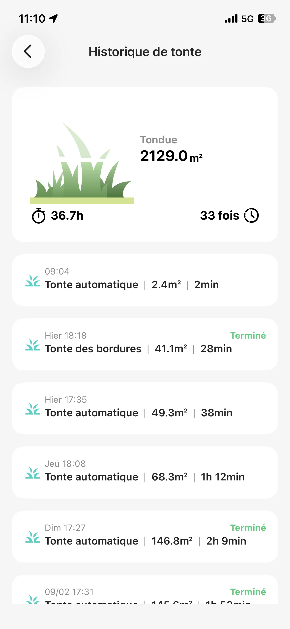 Historique de tonte TerraMow V1000 montrant surfaces, durées et nombre de sessions