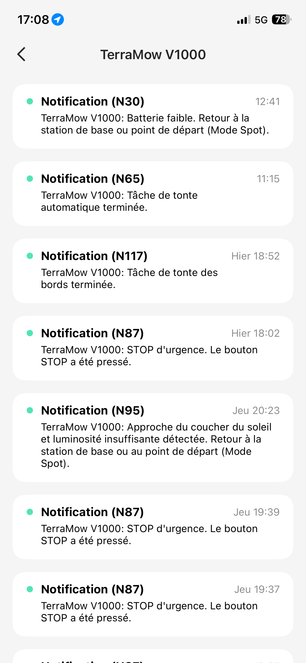 Journal de notifications du TerraMow V1000