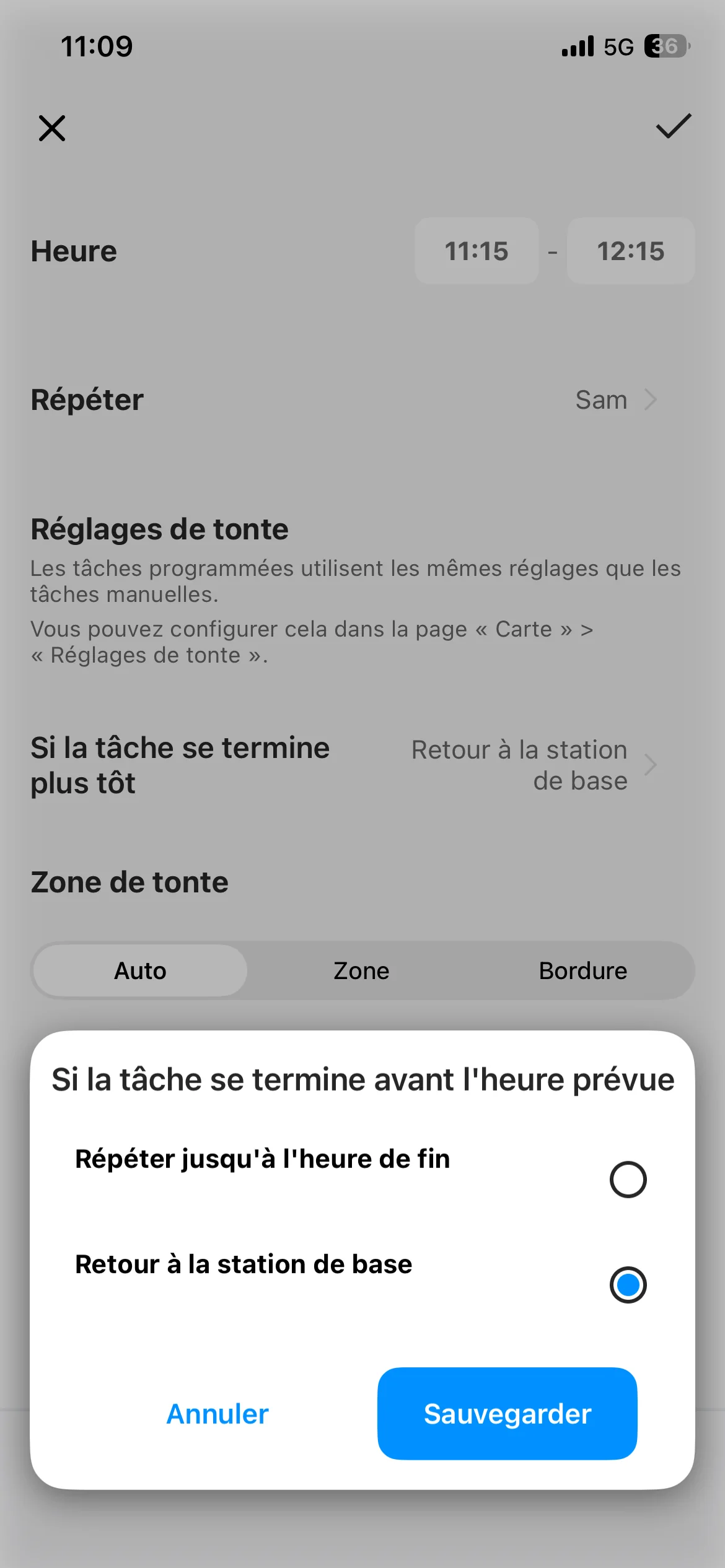 Choix du comportement TerraMow lorsque la tâche finit avant l’heure prévue