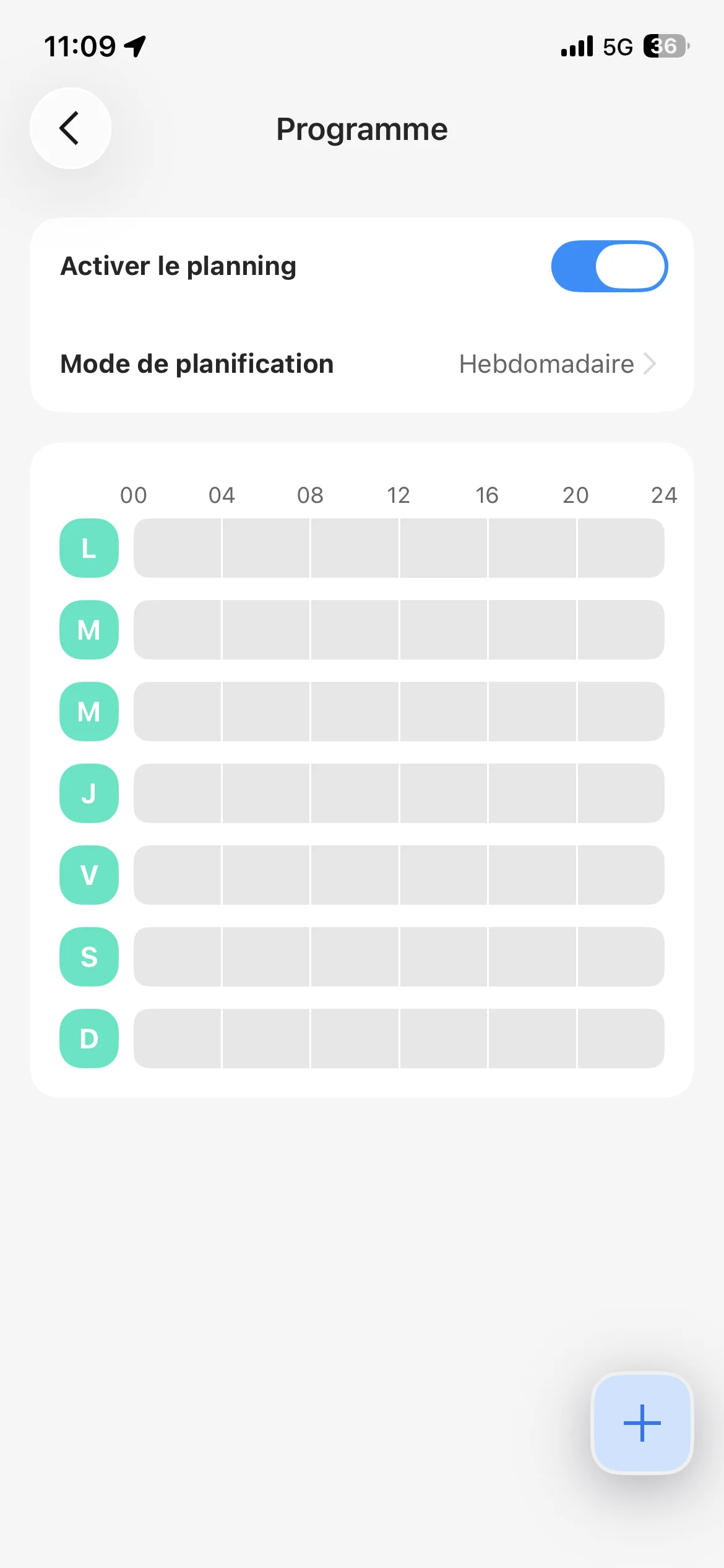 Vue hebdomadaire de la programmation TerraMow V1000