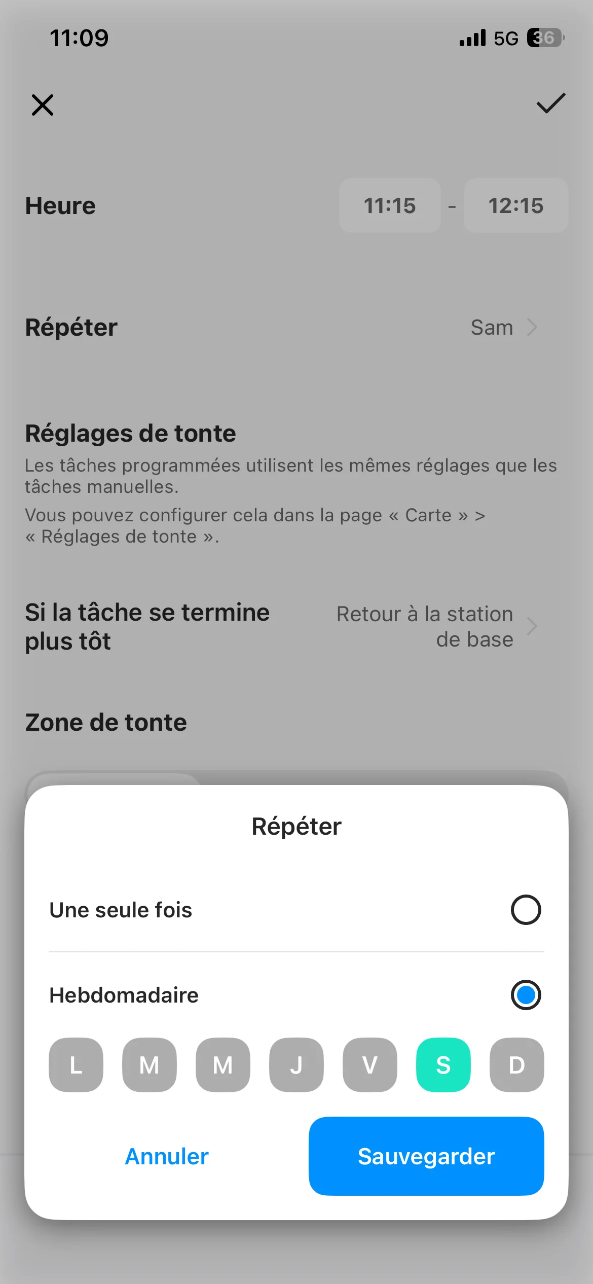 Réglage de répétition hebdomadaire de la programmation TerraMow