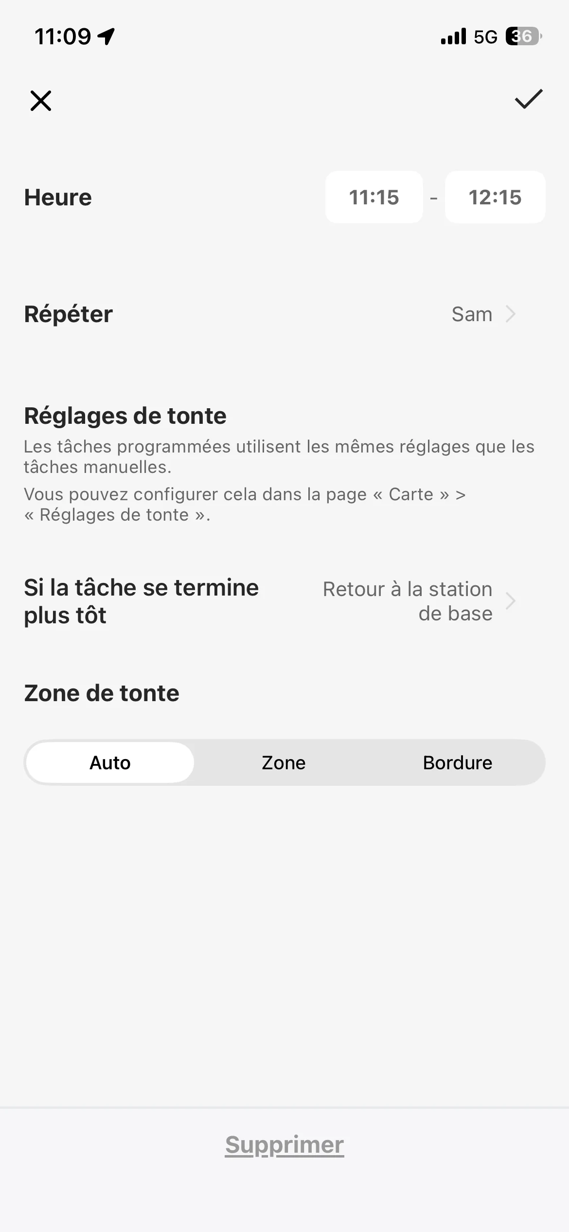 Édition d’une tâche programmée TerraMow avec plage horaire et type de zone