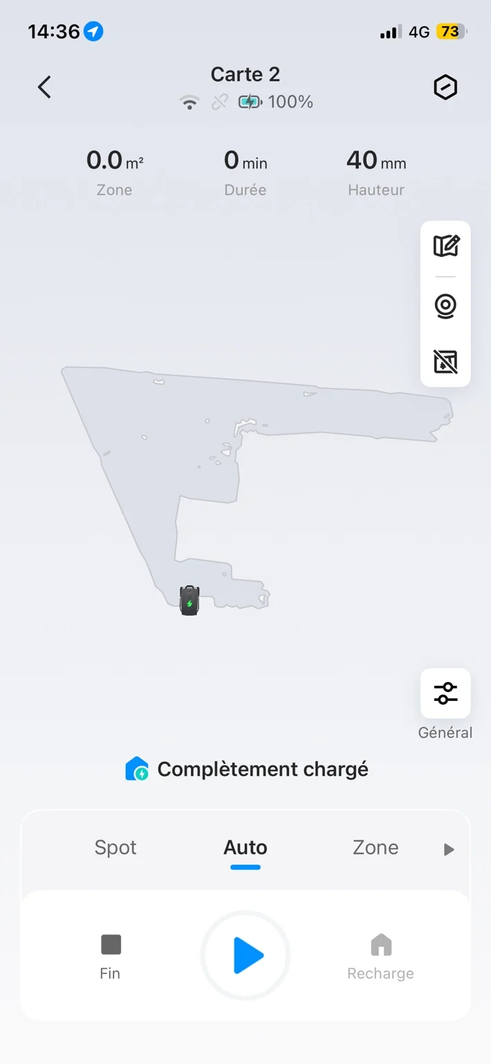 TerraMow V1000 complètement chargé à 100 % après environ 1 h 50 de recharge depuis 10 %