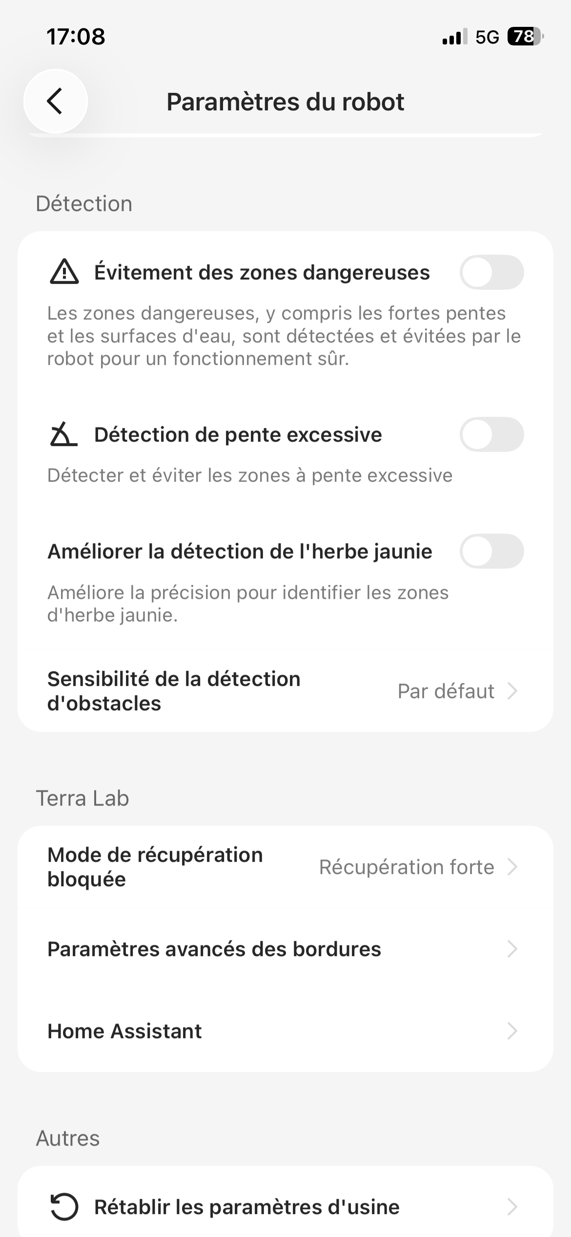 Paramètres avancés de détection et Terra Lab du TerraMow V1000