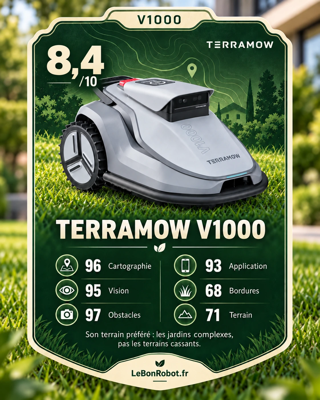 Profil éditorial LeBonRobot du TerraMow V1000 : note 8,4 sur 10, cartographie 96, vision 95, obstacles 97, application 93, bordures 68 et terrain 71